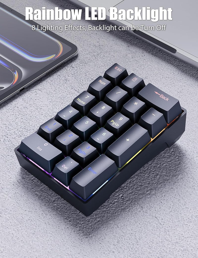 TISHLED Wired Mechanical Numpad Rainbow LED Backlit 20-Key Number Pad Brown Switches Shine Through Keycaps Detachable Cable Numeric Keyboard for PC/Laptop/Win/Mac, White - Image 4